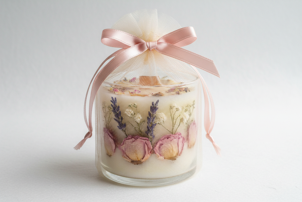 artisan candle with floral topping for wedding favor shachet net 