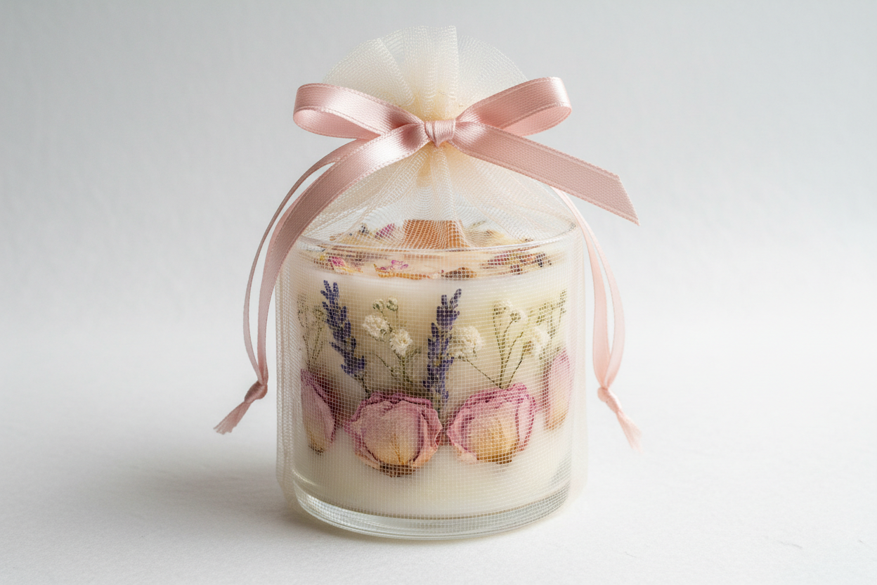 artisan candle with floral topping for wedding favor shachet net 