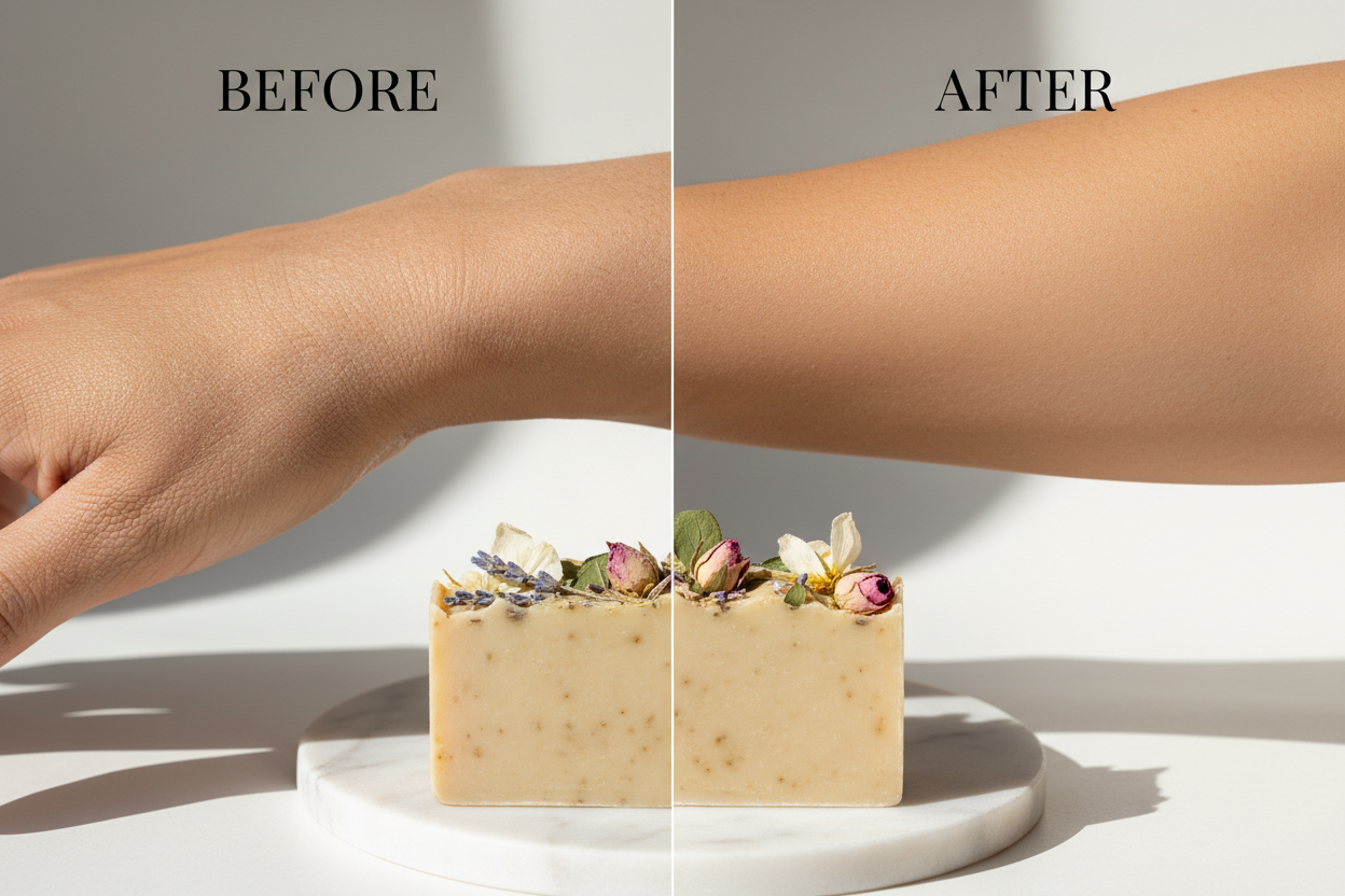 before and after picture of useing shea butter soap bar with botanical garden on topping