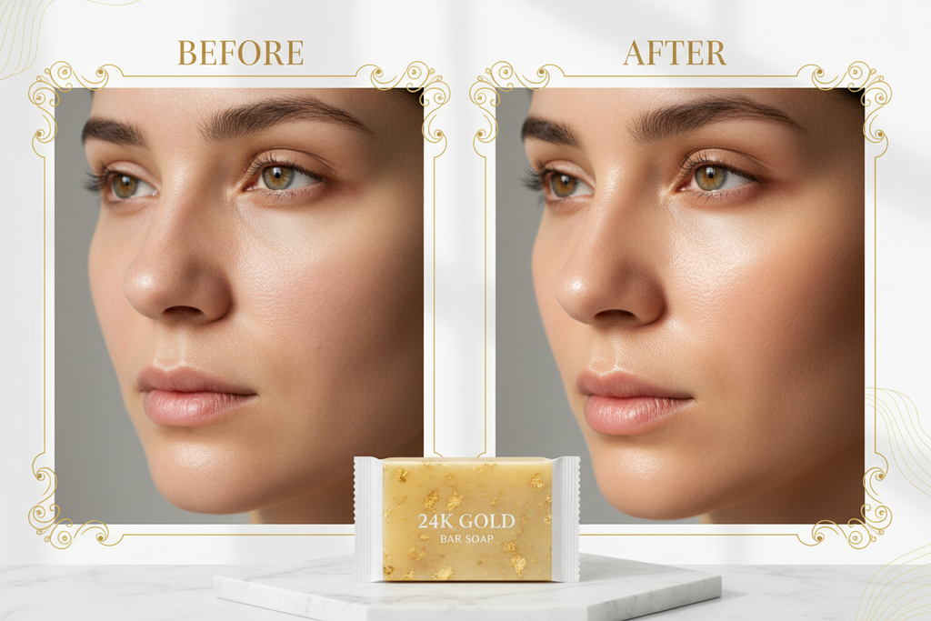 before and after skin result using 24k bar soap