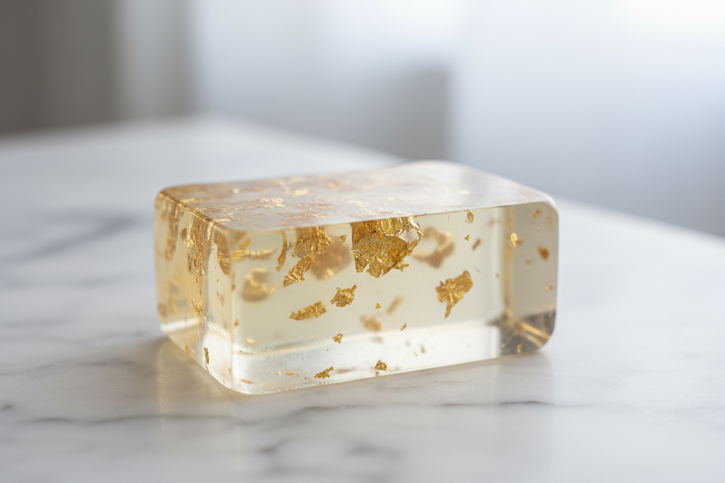 gold bits in clear bar soap