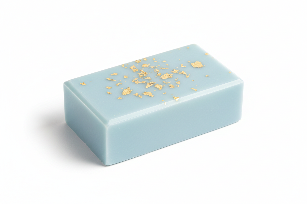 light blue shea butter rectangle shape with gold flak on top