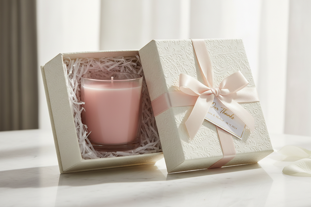 pink candle inside box for wedding favor