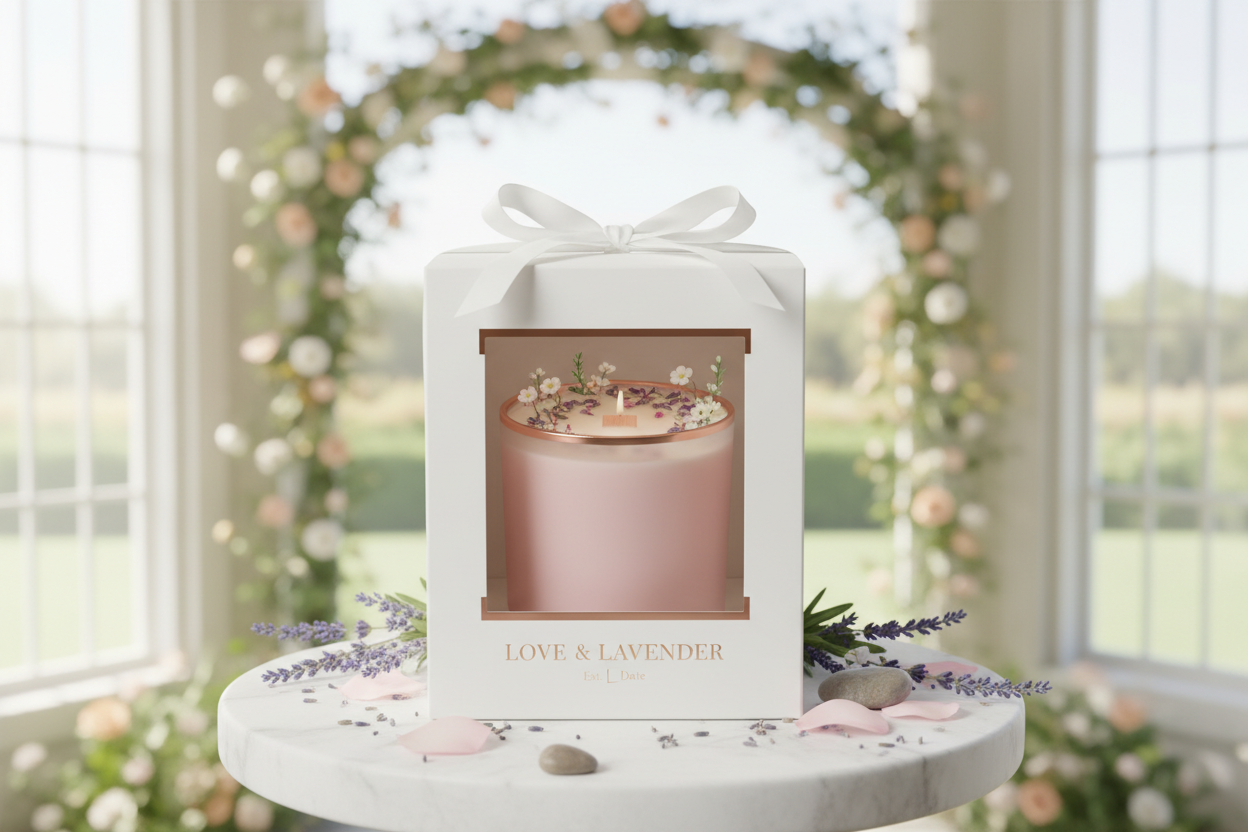 pink candle with lavender spring topping inside front window box wedding favor