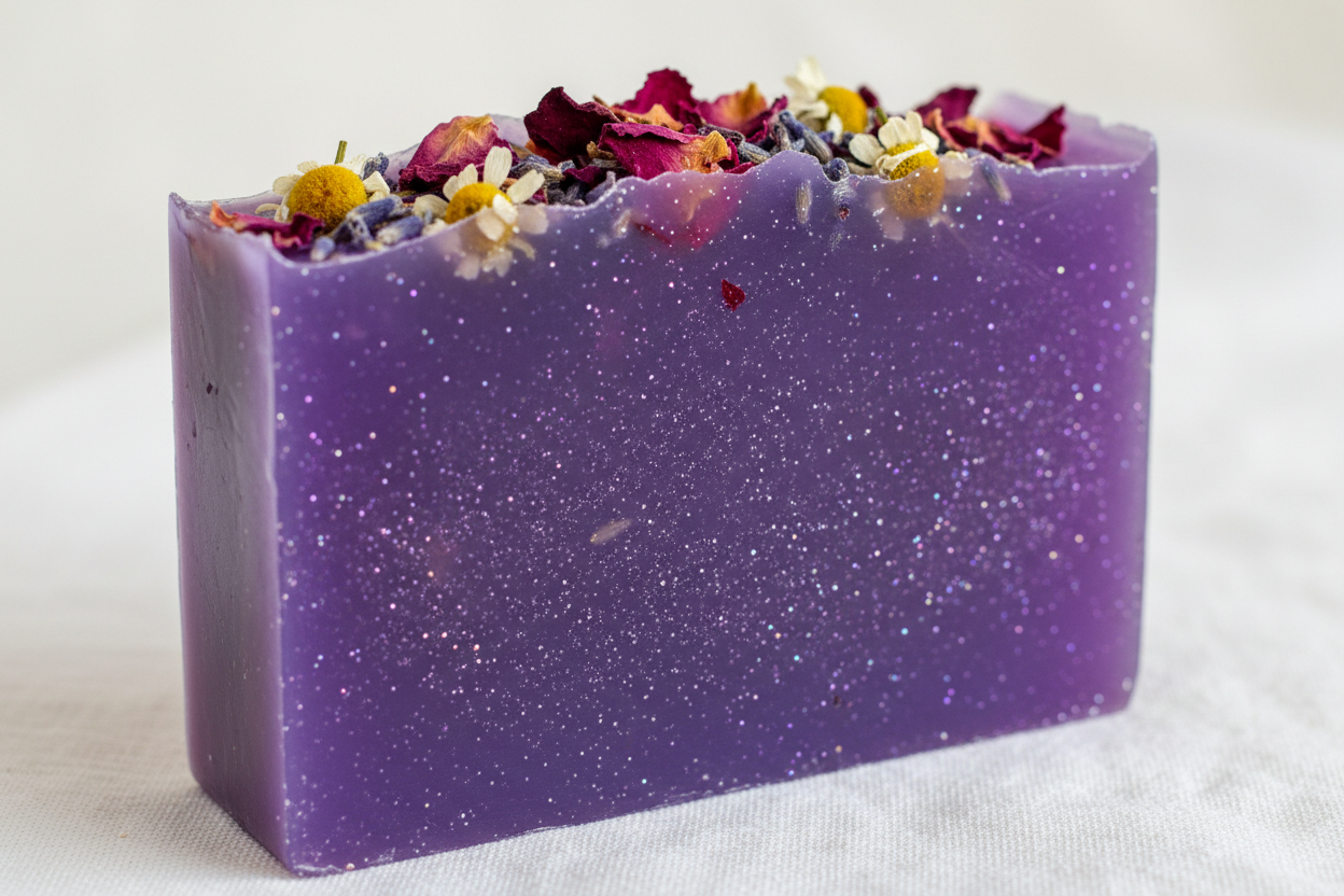purple bar soap with glitter and flower topping