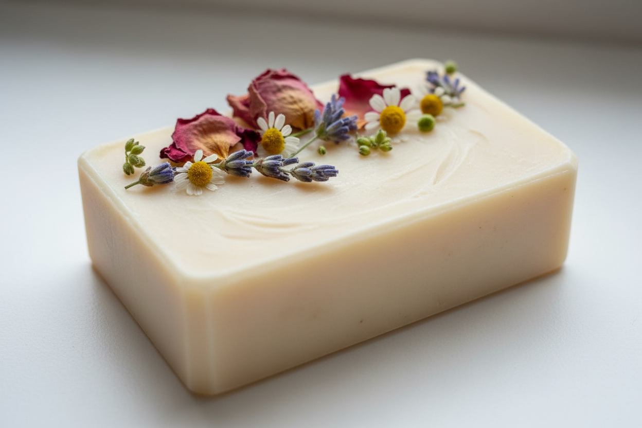 shea butter soap bar with topping of botanical garden floral