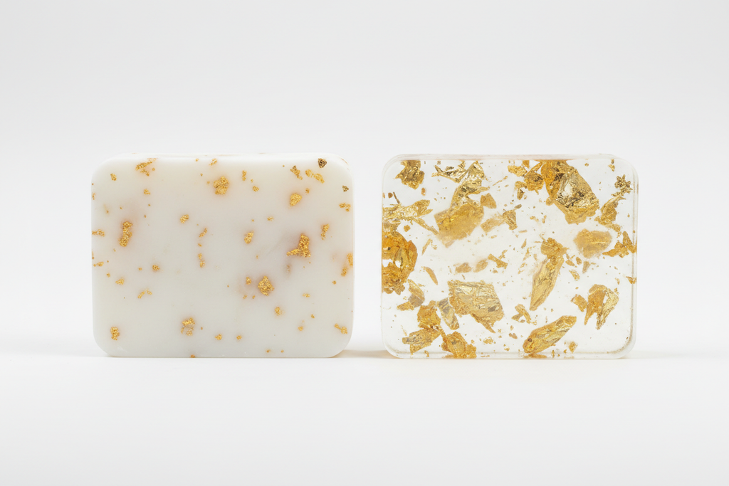 two whole rectagle shape soap bar white and clear with gold bits inside