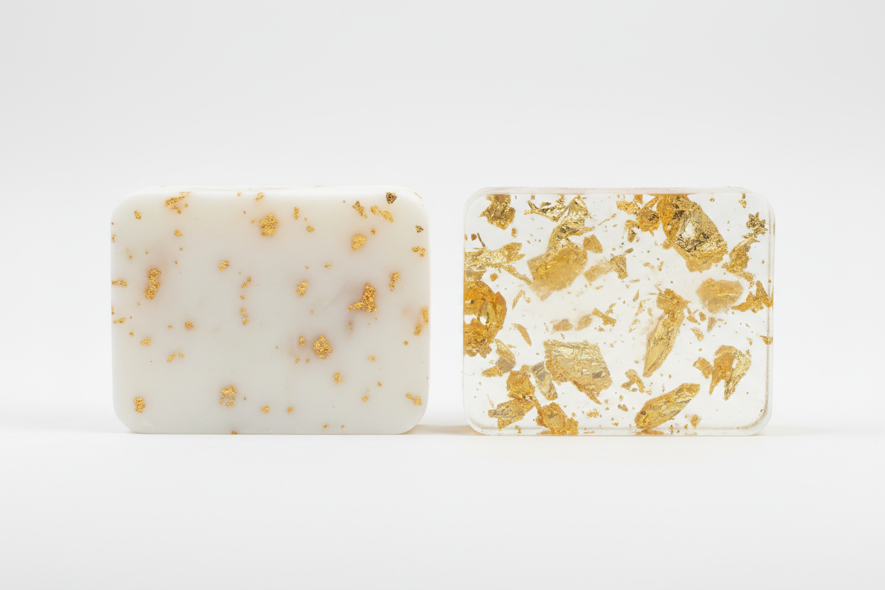 two whole rectagle shape soap bar white and clear with gold bits inside