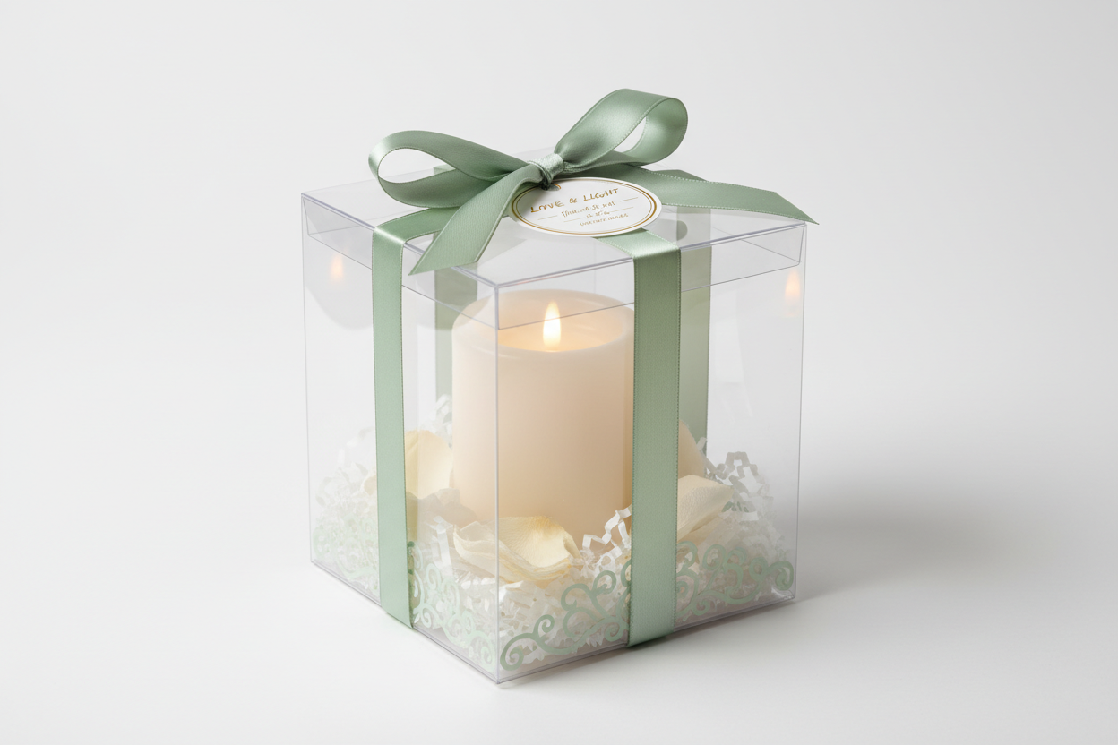 wedding favor candle in window box pastel green