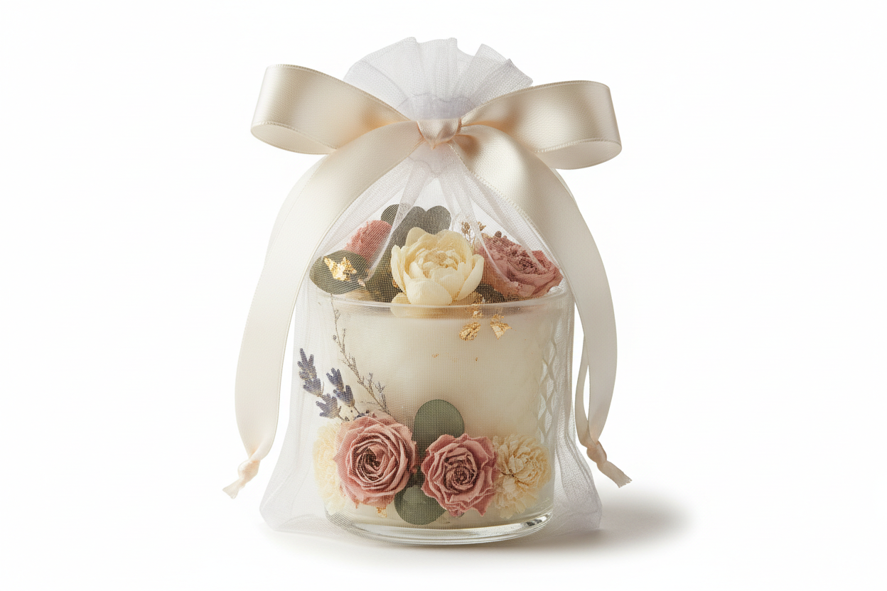 wedding favor in sachel net inside candle with floral topping