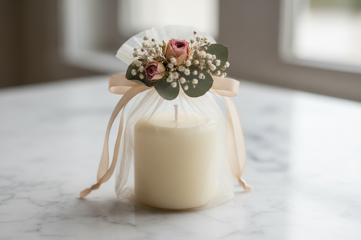 wedding favor sachel net with creme candle and floral topping