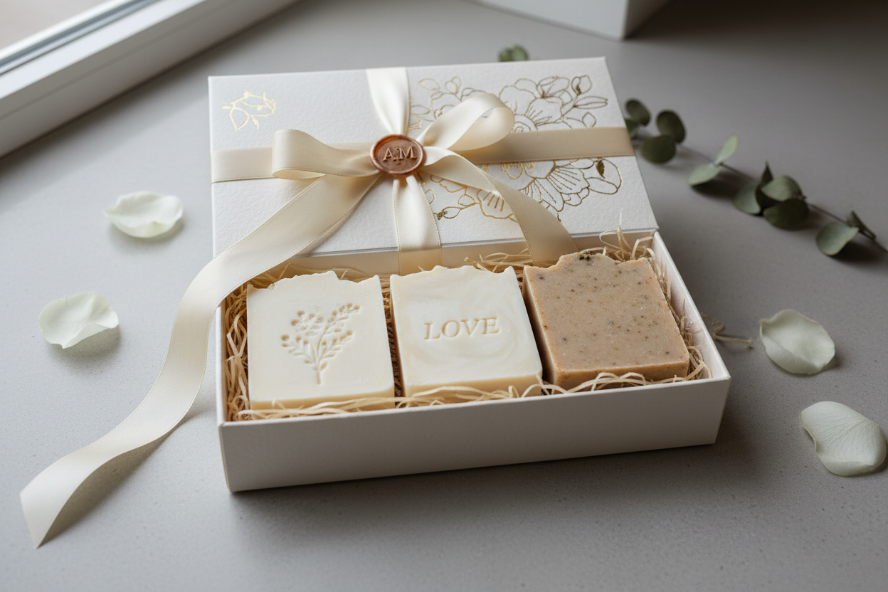 wedding favor soap bar gift box white beige 