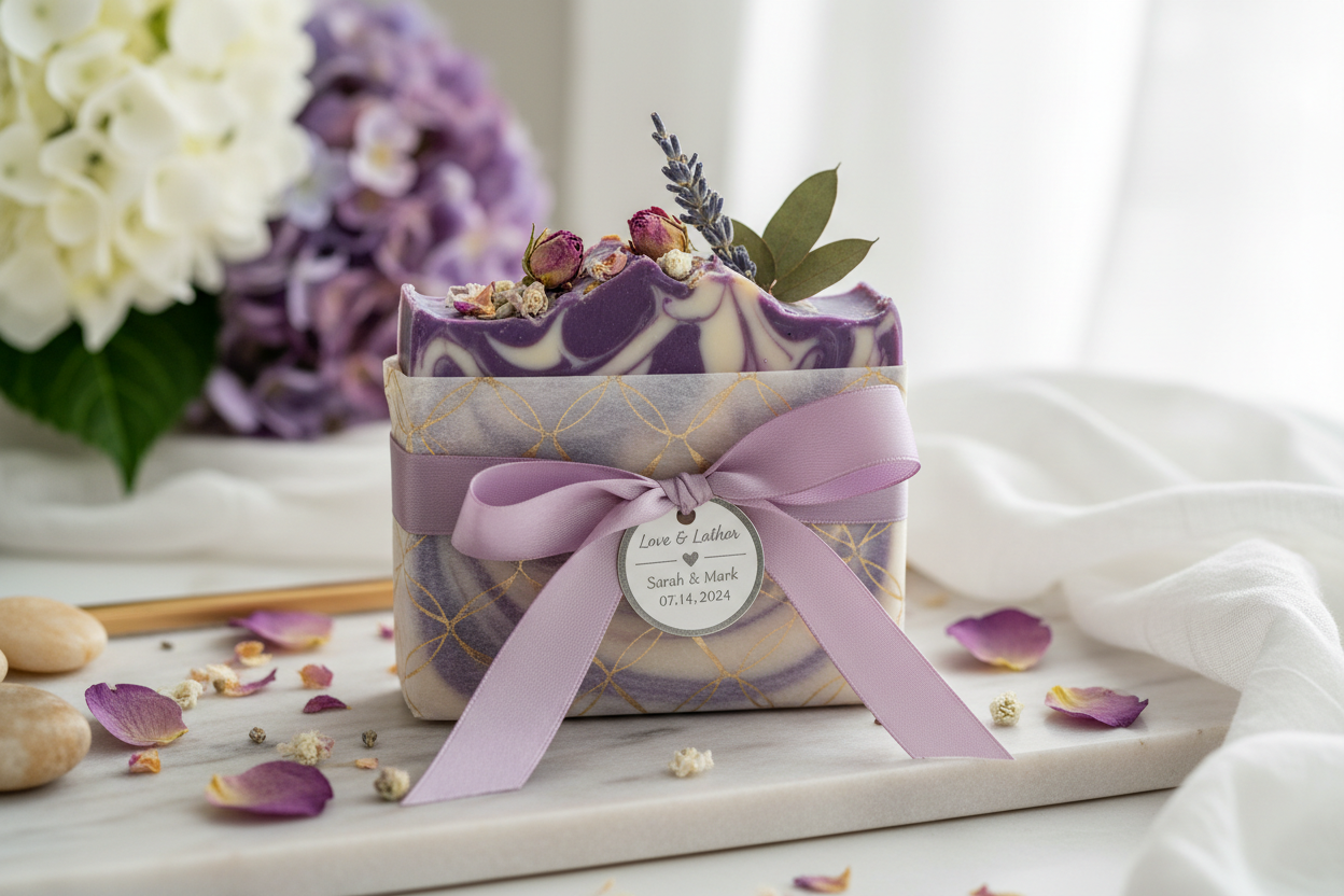 wedding favor soap bar purple swirl and flower toppig wrap gift