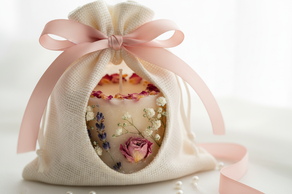 wedding favor with satchel candle with floral topping