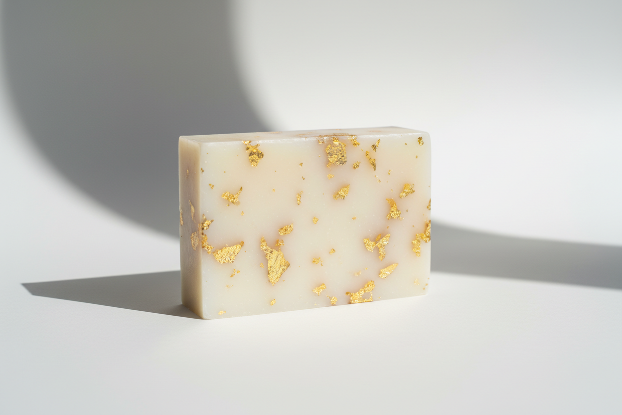 white rectagle bar soap with gold bit