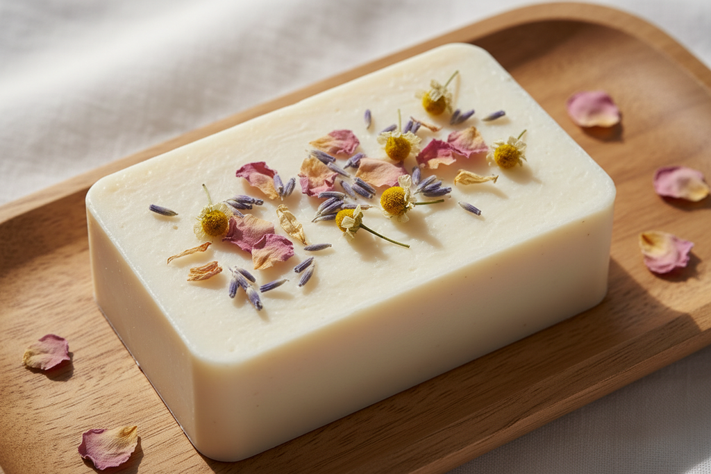 white shea butter soap bar with botanical flower topping