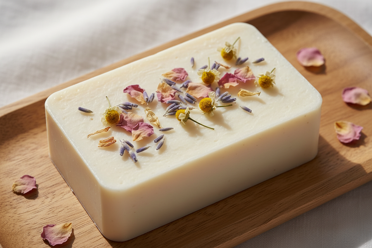 white shea butter soap bar with botanical flower topping